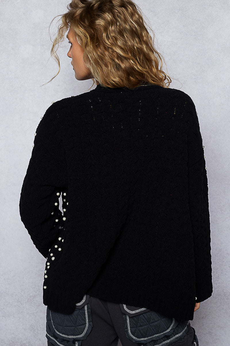 Wren Chenille Pearl and Rhinestone Cardigan in Black