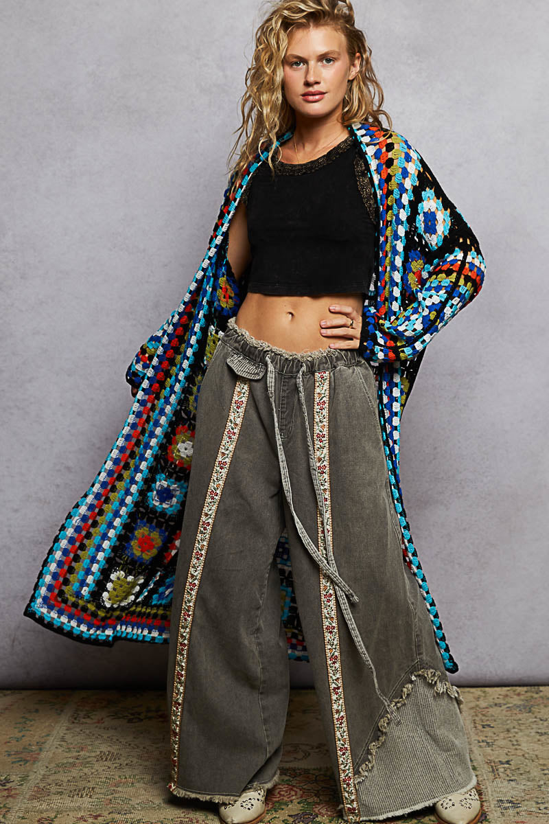 Savannah Crochet Long Cardigan in Black