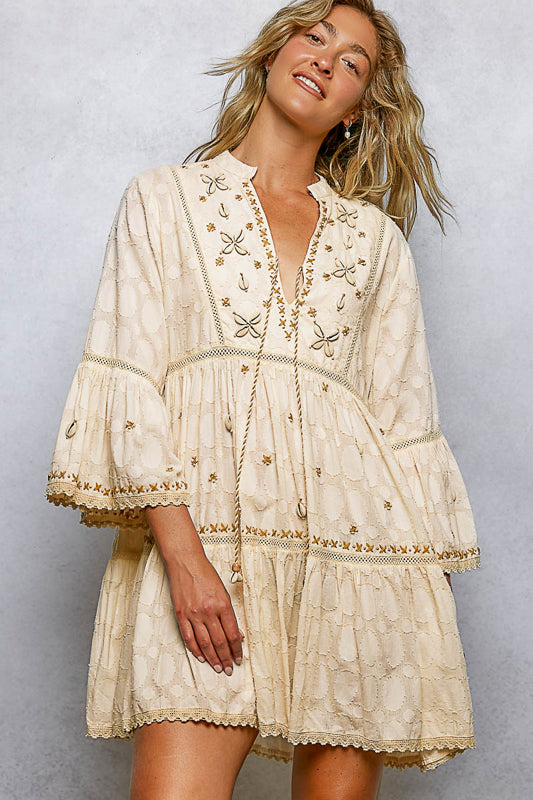 Gabriela Seashell Trim Dress in Natural