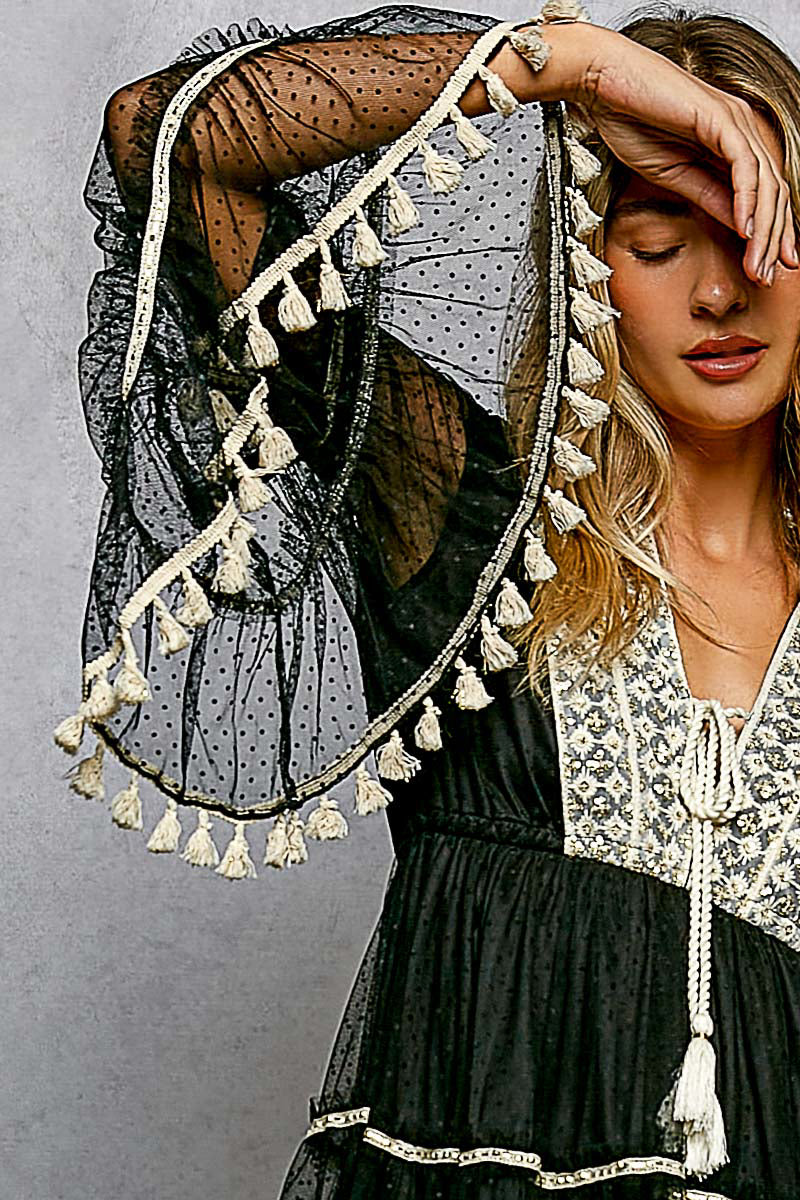 Becca Black Bell Sleeve Lace Embroidered and Tassel Dress