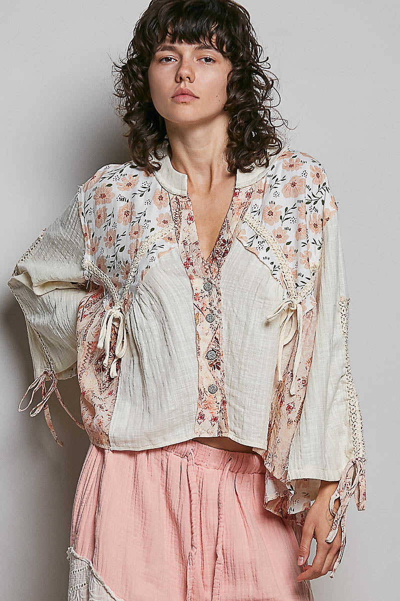 Emily Gauze Floral Flowy Top in Natural