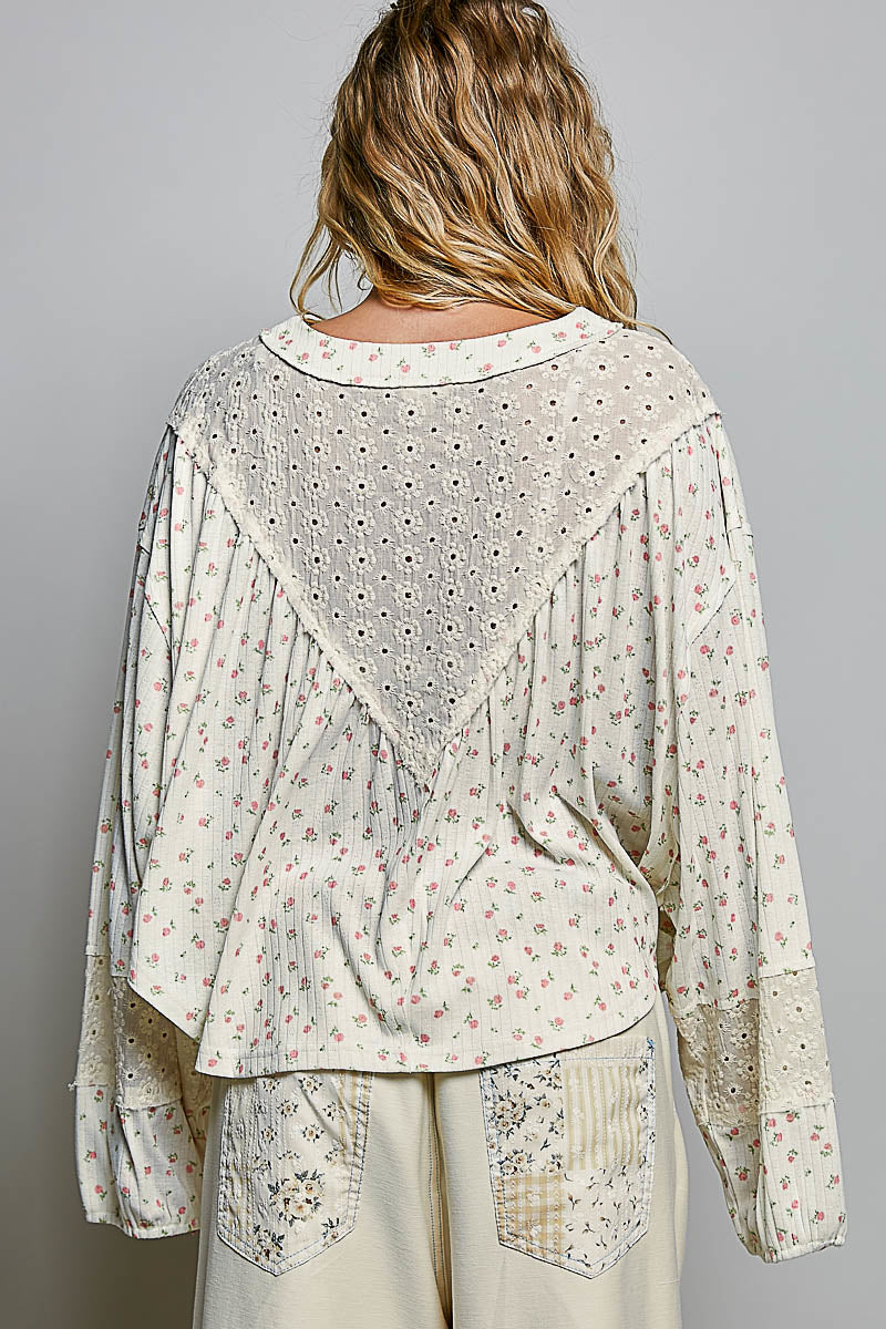 Robyn Eyelet Patch Button Down Top in Natural