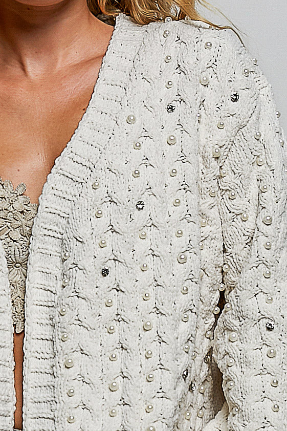 Dakota Chenille Pearl and Rhinestone Cardigan in Powder Cream
