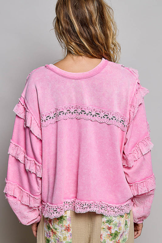 Katherine French Terry Top with Ruffles in Candy Pink