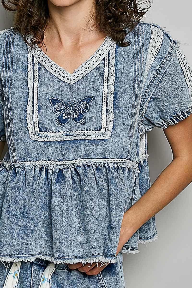 Livie Butterfly Denim Embroidered Top