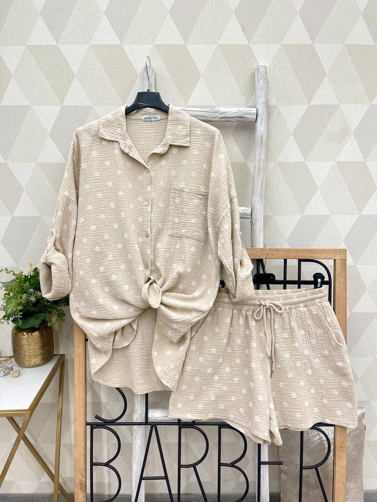 SWPDSBE Gauze Cotton Polka Dot Shirt and Shorts Set Beige