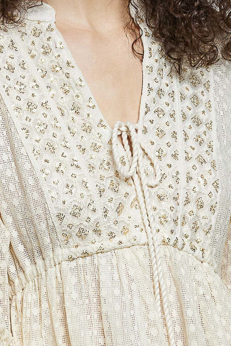 Ophelia Bell Sleeve Tassel Dress in Natural