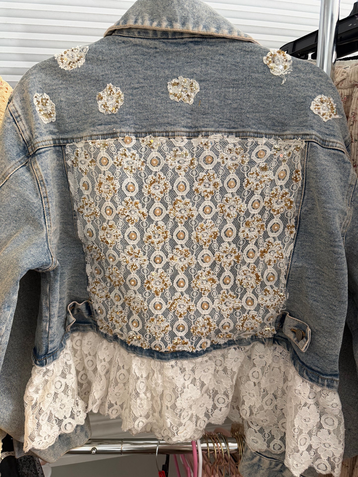 Stephanie Denim Embellished Lace Ruffle Jacket