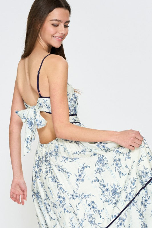 Paula Blue Floral Open Back Midi Dress