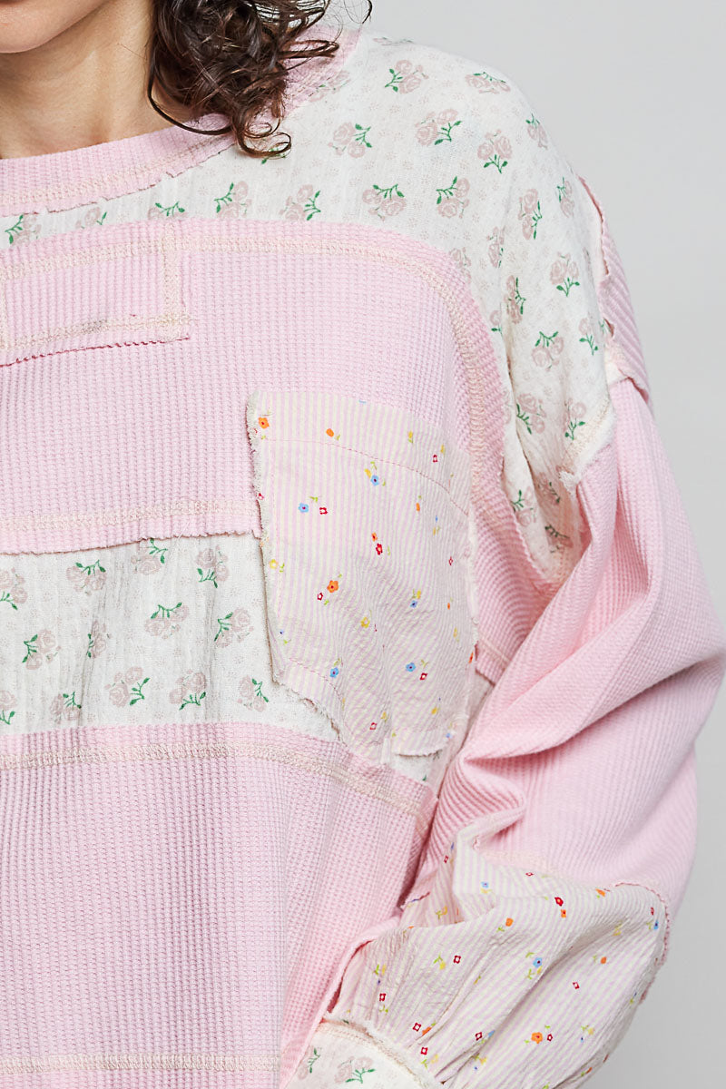 Sharon Long Sleeve Thermal and Floral Stripe Top in Light Pink
