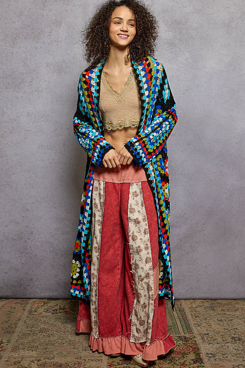 Savannah Crochet Long Cardigan in Black
