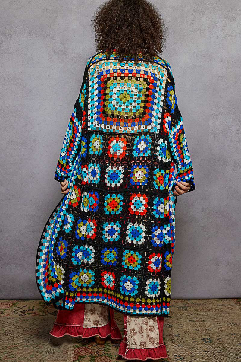 Savannah Crochet Long Cardigan in Black