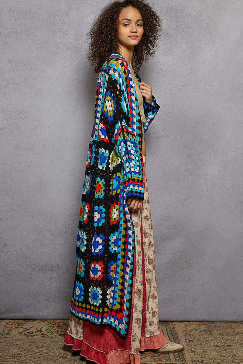 Savannah Crochet Long Cardigan in Black
