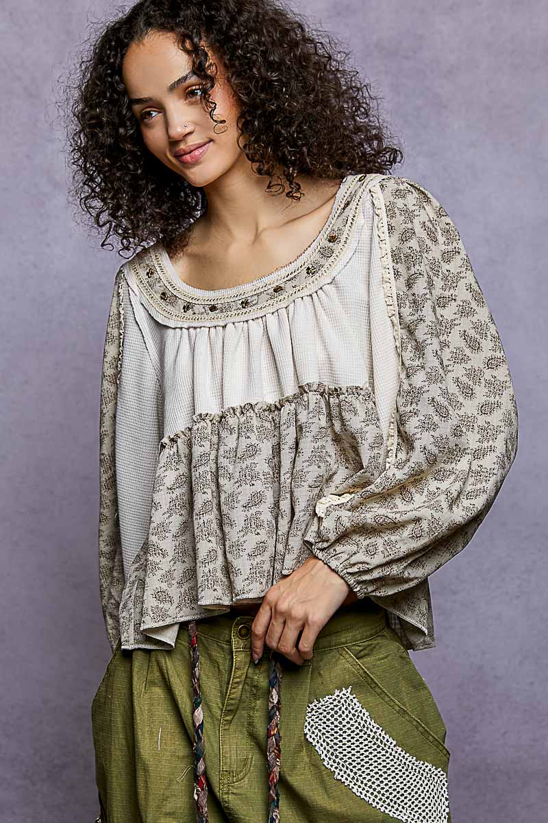 Tatiana Balloon Sleeve Studded Detail Top