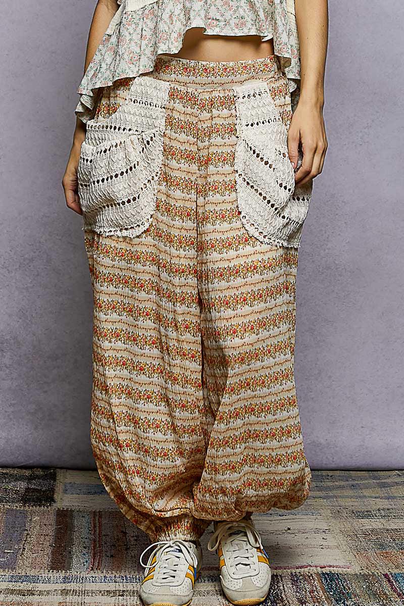 Fabiola Floral Crochet Pockets Balloon Pants