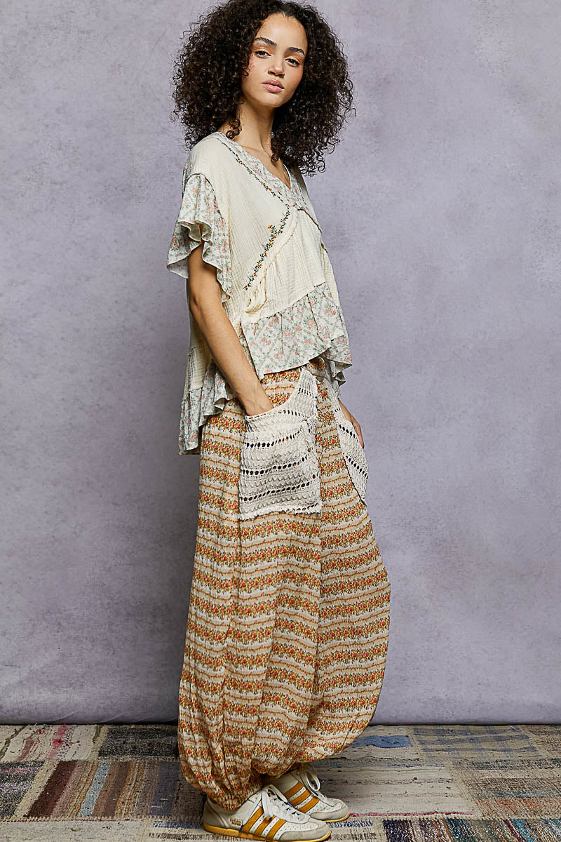 Fabiola Floral Crochet Pockets Balloon Pants