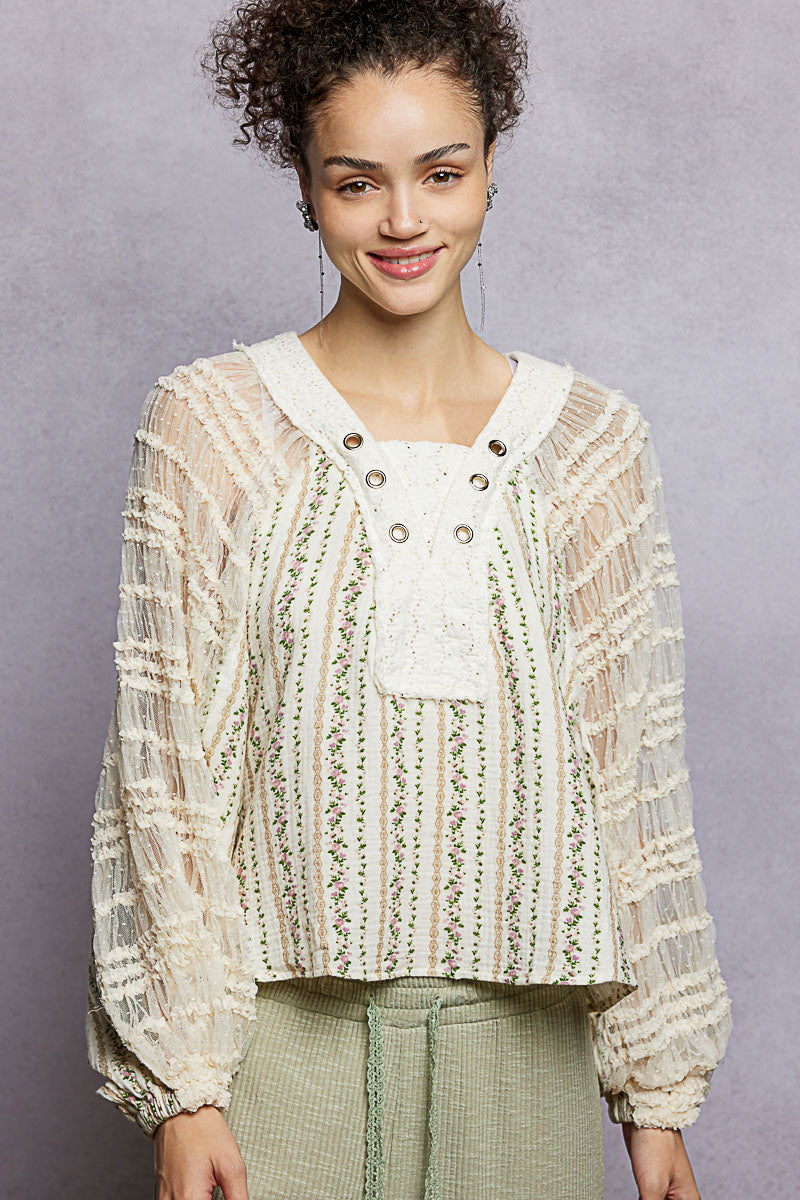 Leah Cream Floral Lace Sleeve Top