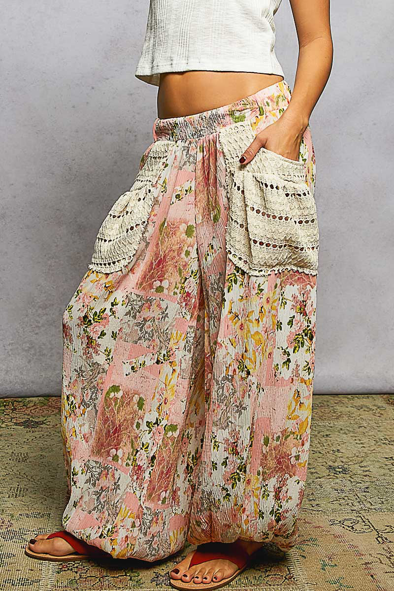 Karli Floral Ballon Leg Pants with Crochet Details