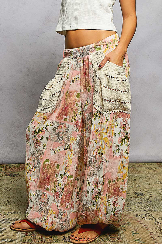 Karli Floral Ballon Leg Pants with Crochet Details