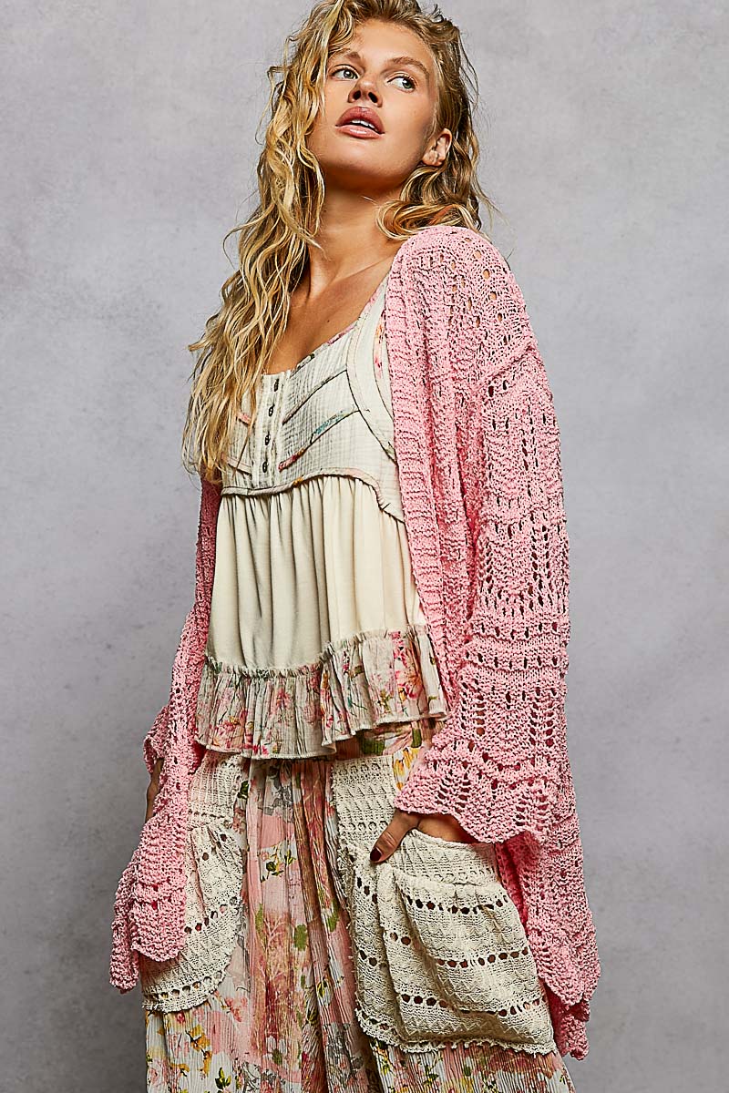 Barbie Crochet Knit Open Cardigan in Barbie Pink