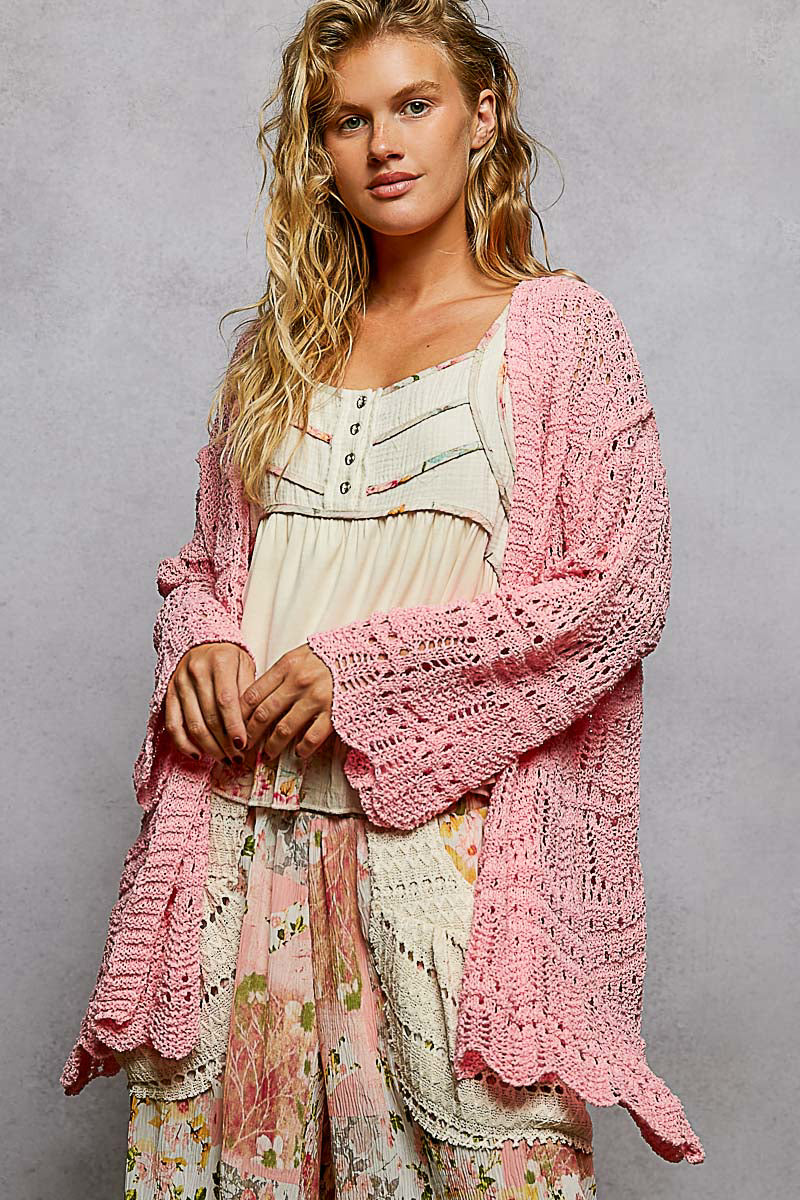 Barbie Crochet Knit Open Cardigan in Barbie Pink