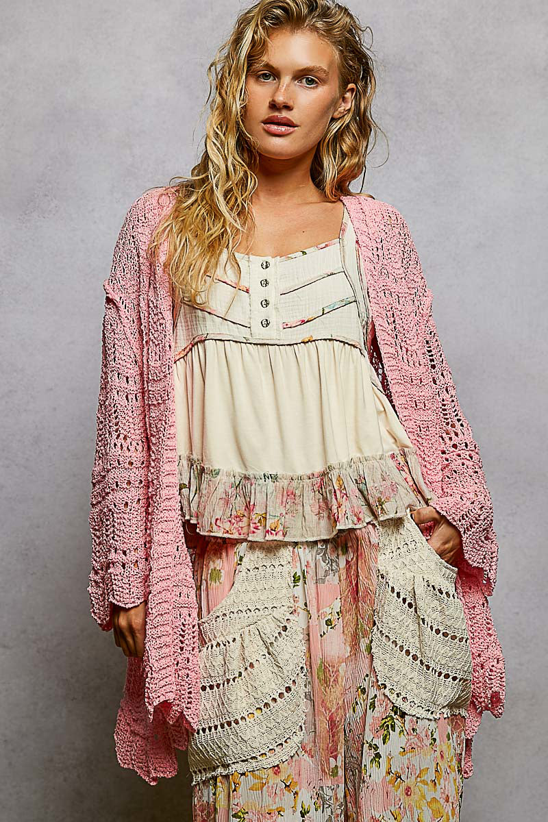 Barbie Crochet Knit Open Cardigan in Barbie Pink
