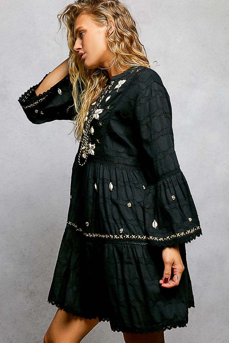 Marina Black Dress with Seashell Trim