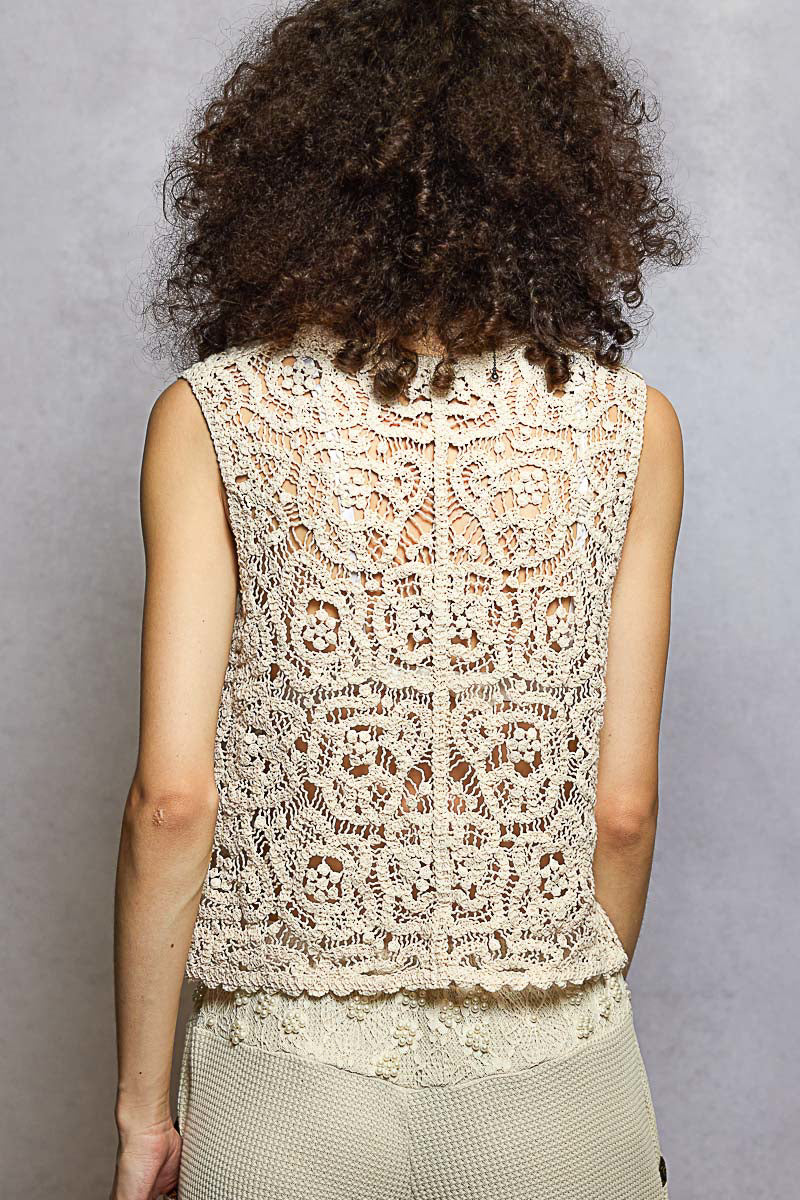 Nancy Crochet Vest Top with Embellishment in Natural