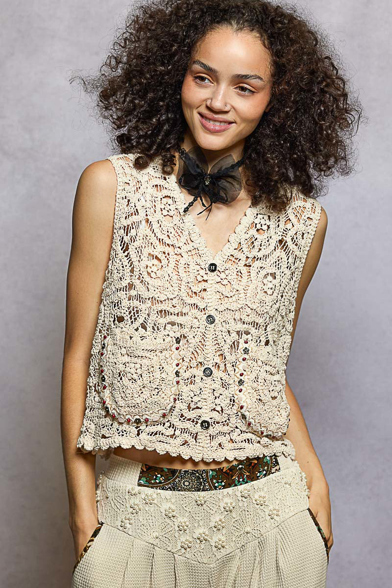Nancy Crochet Vest Top with Embellishment in Natural
