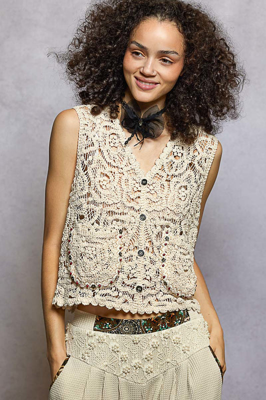 Nancy Crochet Vest Top with Embellishment in Natural