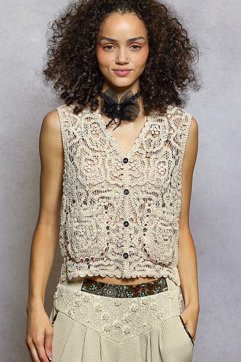 Nancy Crochet Vest Top with Embellishment in Natural