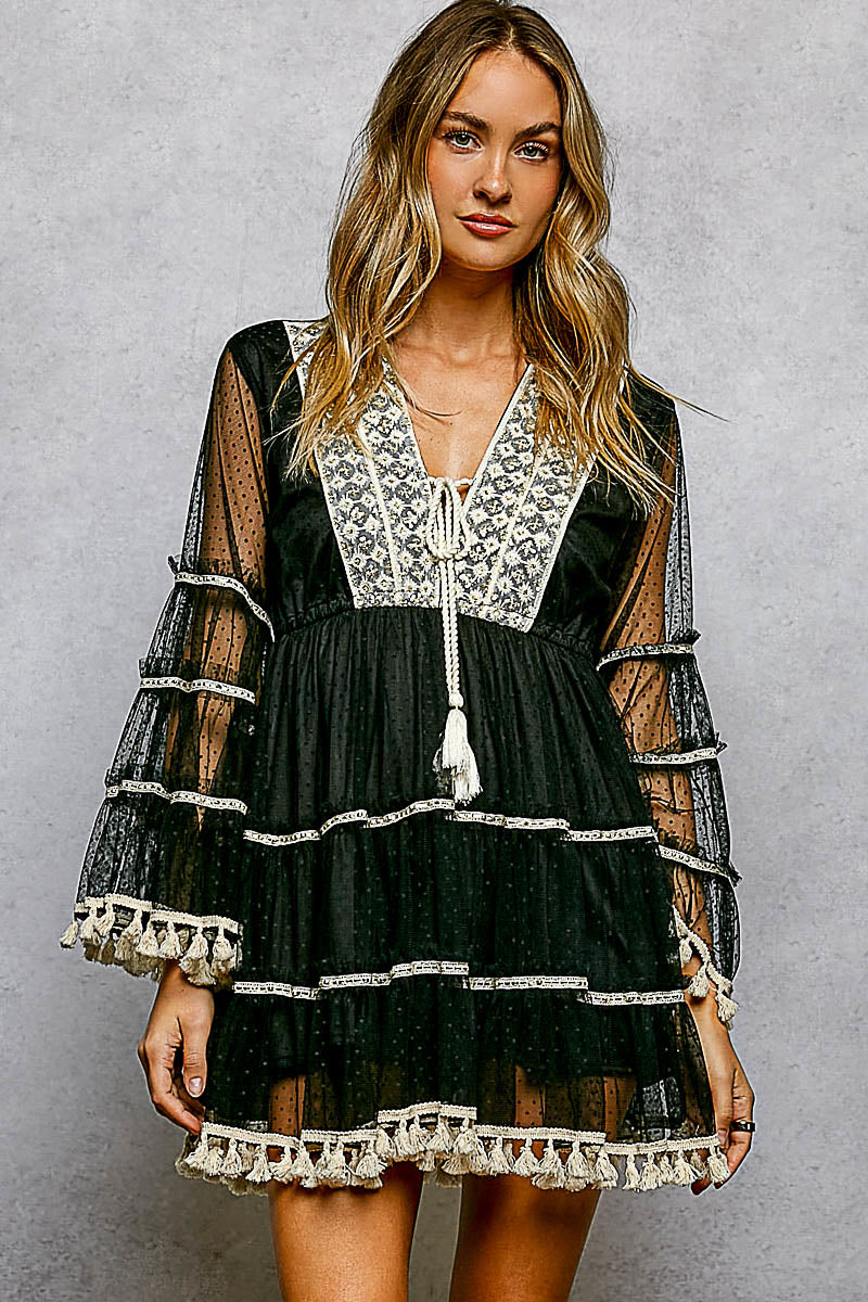 Becca Black Bell Sleeve Lace Embroidered and Tassel Dress