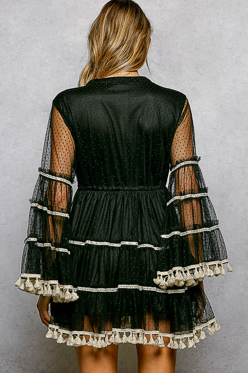 Becca Black Bell Sleeve Lace Embroidered and Tassel Dress