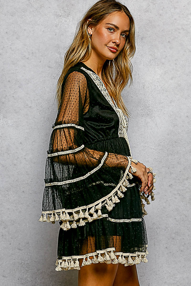 Becca Black Bell Sleeve Lace Embroidered and Tassel Dress