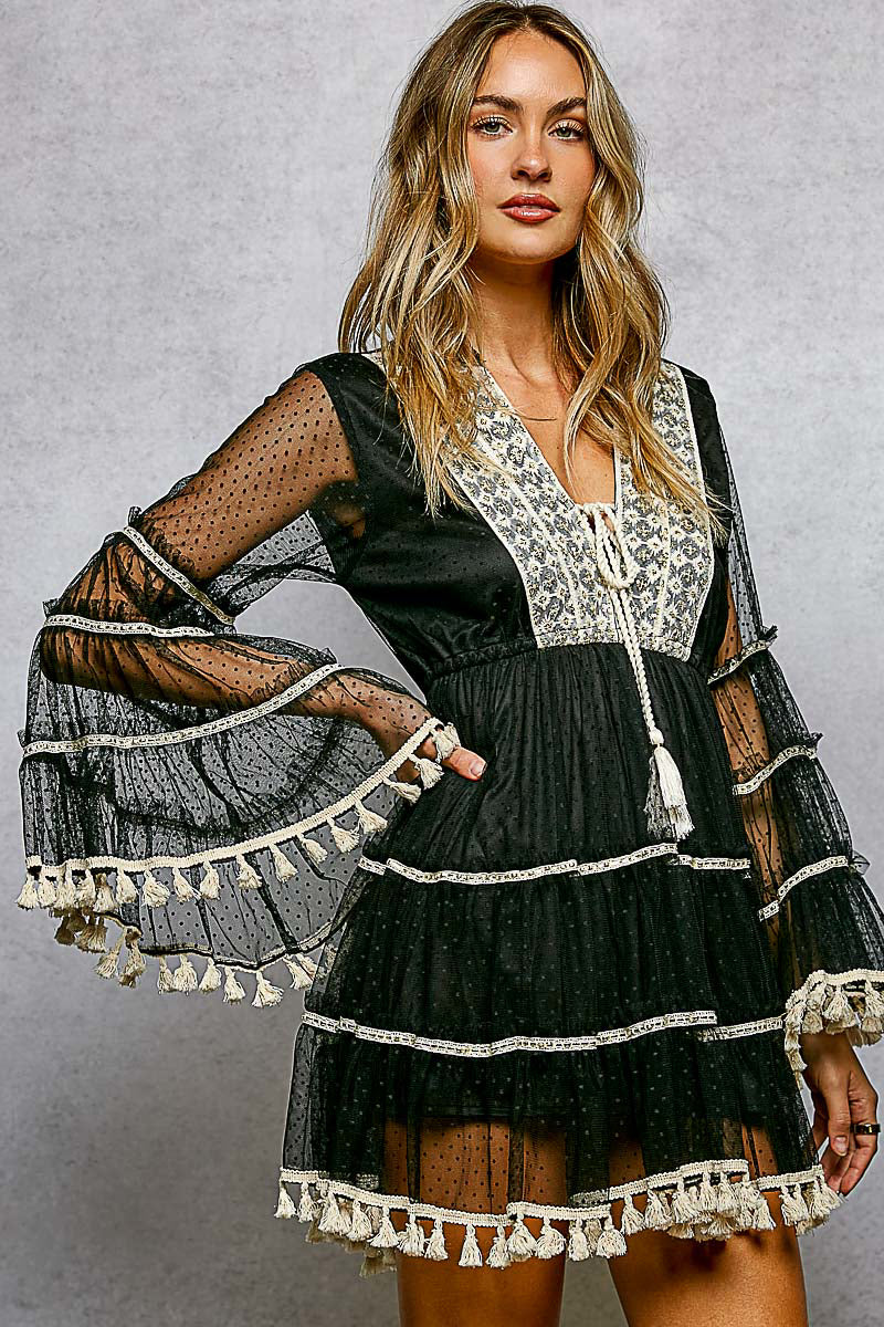 Becca Black Bell Sleeve Lace Embroidered and Tassel Dress
