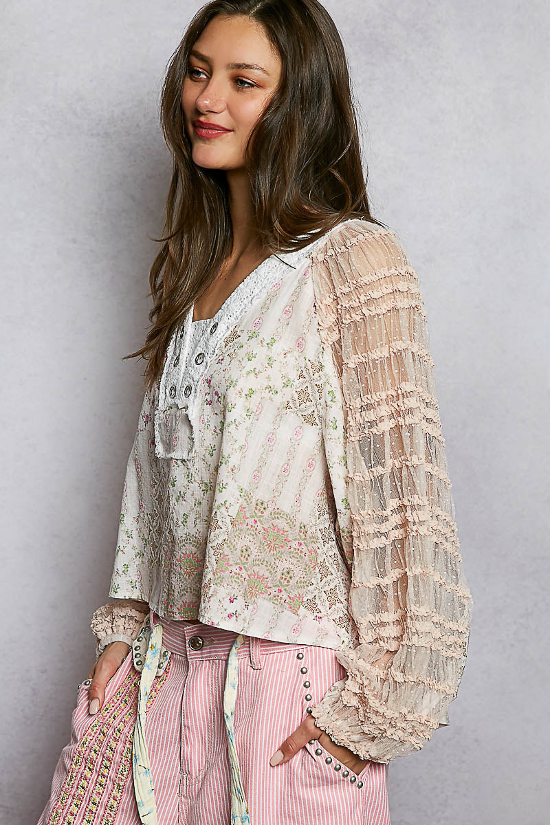 Willow Floral Lace and Patch top in Soft Pink