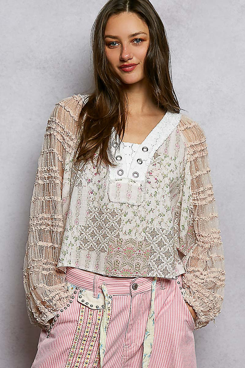 Willow Floral Lace and Patch top in Soft Pink