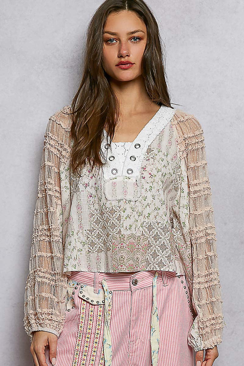 Willow Floral Lace and Patch top in Soft Pink