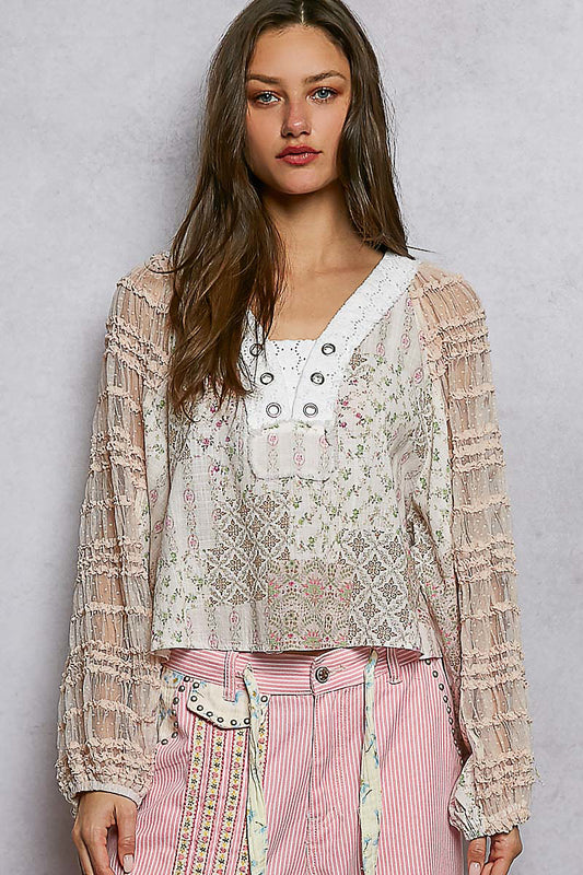 Willow Floral Lace and Patch top in Soft Pink