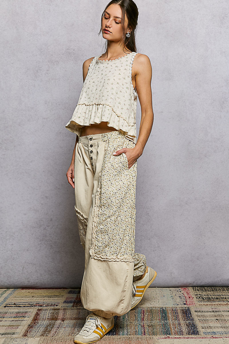 Kendra Denim, Lace and Crochet Pants in Natural