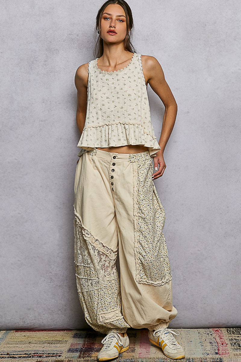 Kendra Denim, Lace and Crochet Pants in Natural