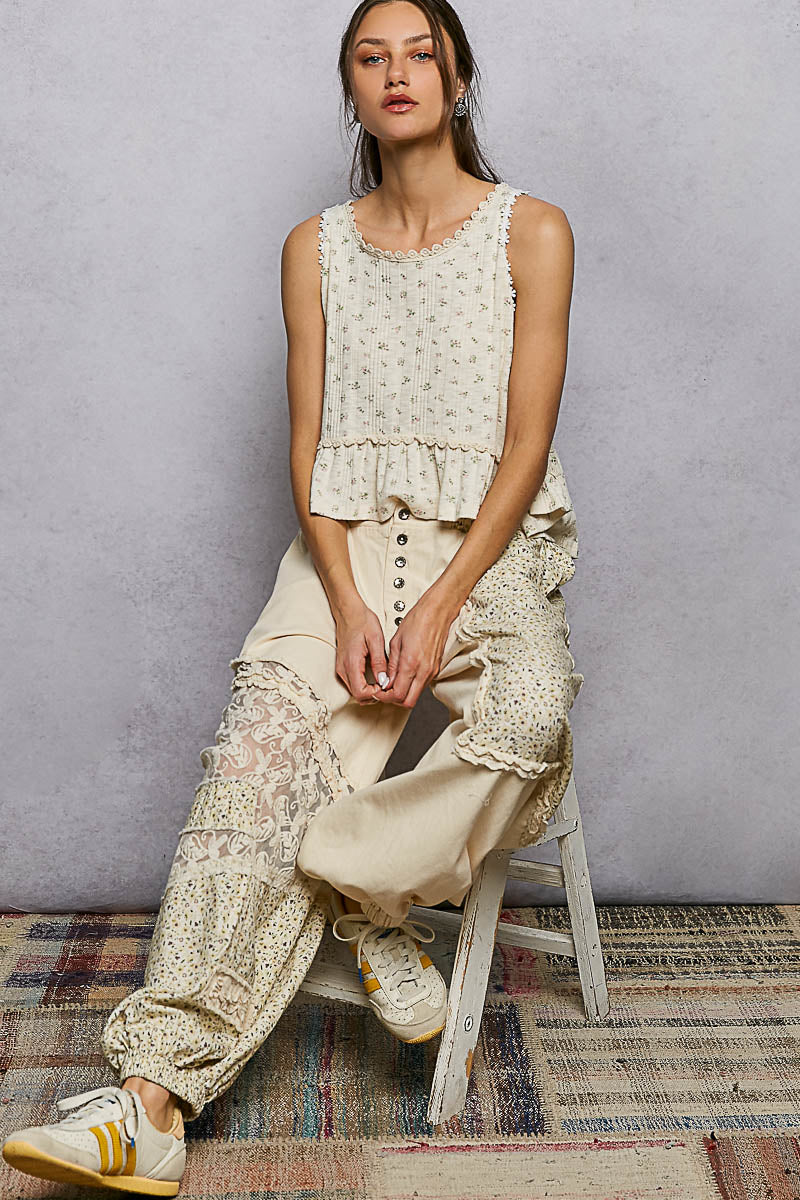 Kendra Denim, Lace and Crochet Pants in Natural