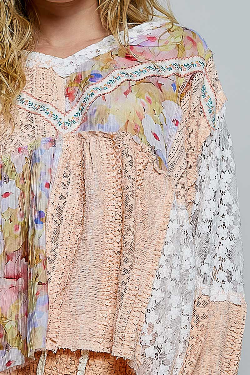 Britany V Neck Lace Ruffle in Apricot