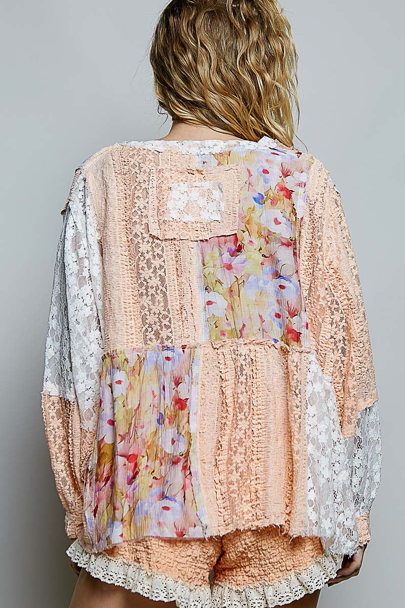 Britany V Neck Lace Ruffle in Apricot