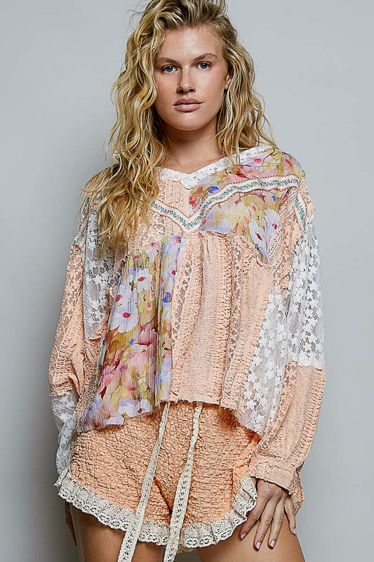 Britany V Neck Lace Ruffle in Apricot