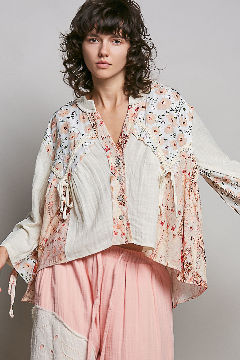 Emily Gauze Floral Flowy Top in Natural