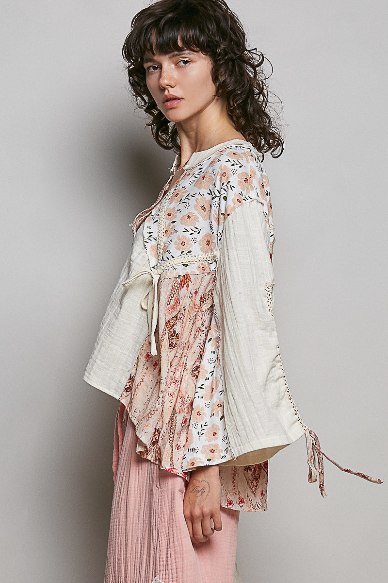 Emily Gauze Floral Flowy Top in Natural