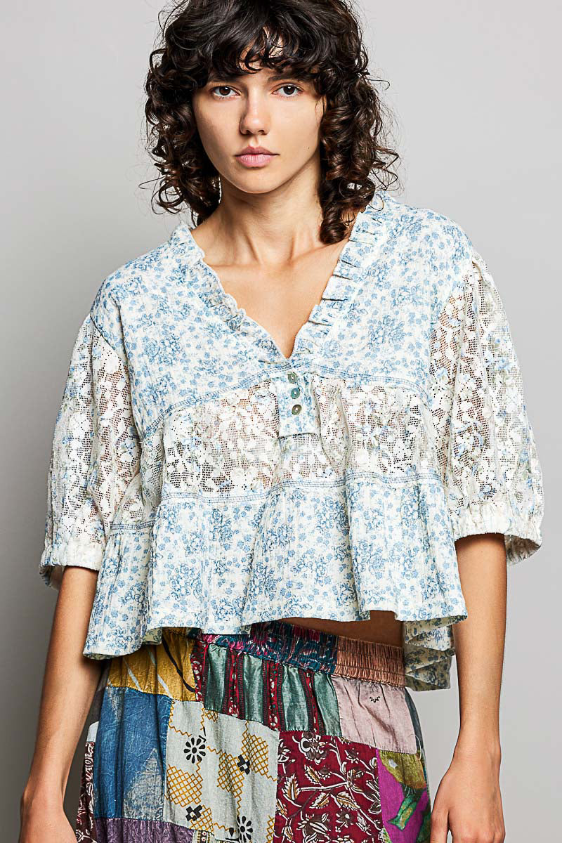 Kimberly Double Gauze Floral Lace Babydoll Top