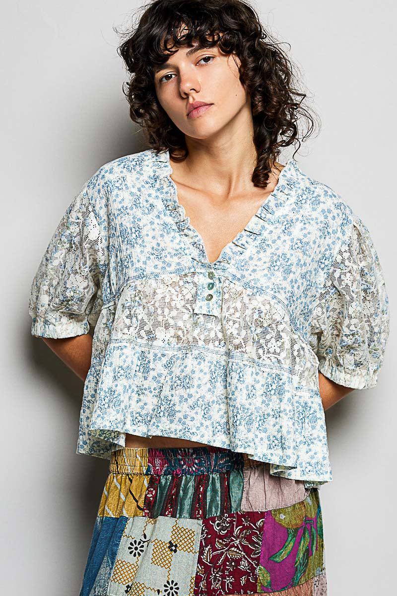 Kimberly Double Gauze Floral Lace Babydoll Top