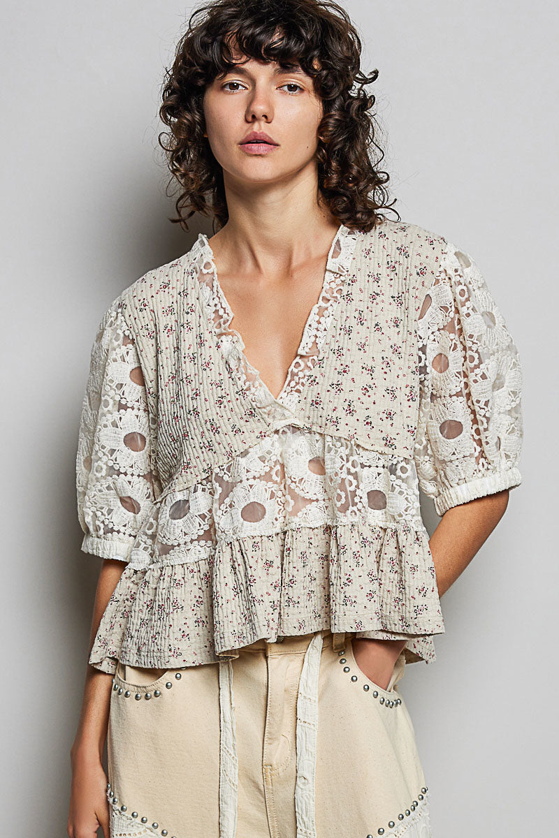 Gianna 2 Crochet Lace Sleeve Taupe Top